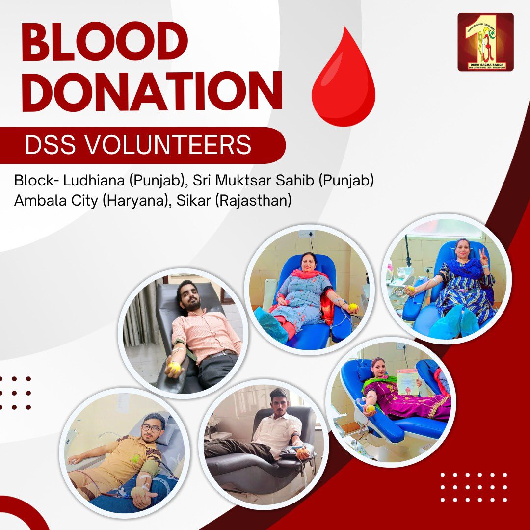 DSSNewsUpdates's tweet photo. From Punjab to Rajasthan, #DeraSachaSauda volunteers are a beacon of hope, always ready to lend a helping hand. Their blood donation drives across Ludhiana, Sri Muktsar Sahib, Ambala City, and Sikar are saving lives and nurturing the spirit of service. #LifeSavers #TrueBloodPump #BloodDonation