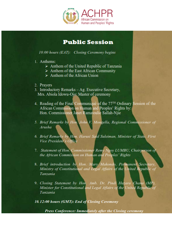 achpr_cadhp's tweet photo. Closing Ceremony of the 77th Ordinary Session of the African Commission on Human and Peoples’ Rights 9th November 2023 #77OSACHPR https://t.co/efVzlCgAL5