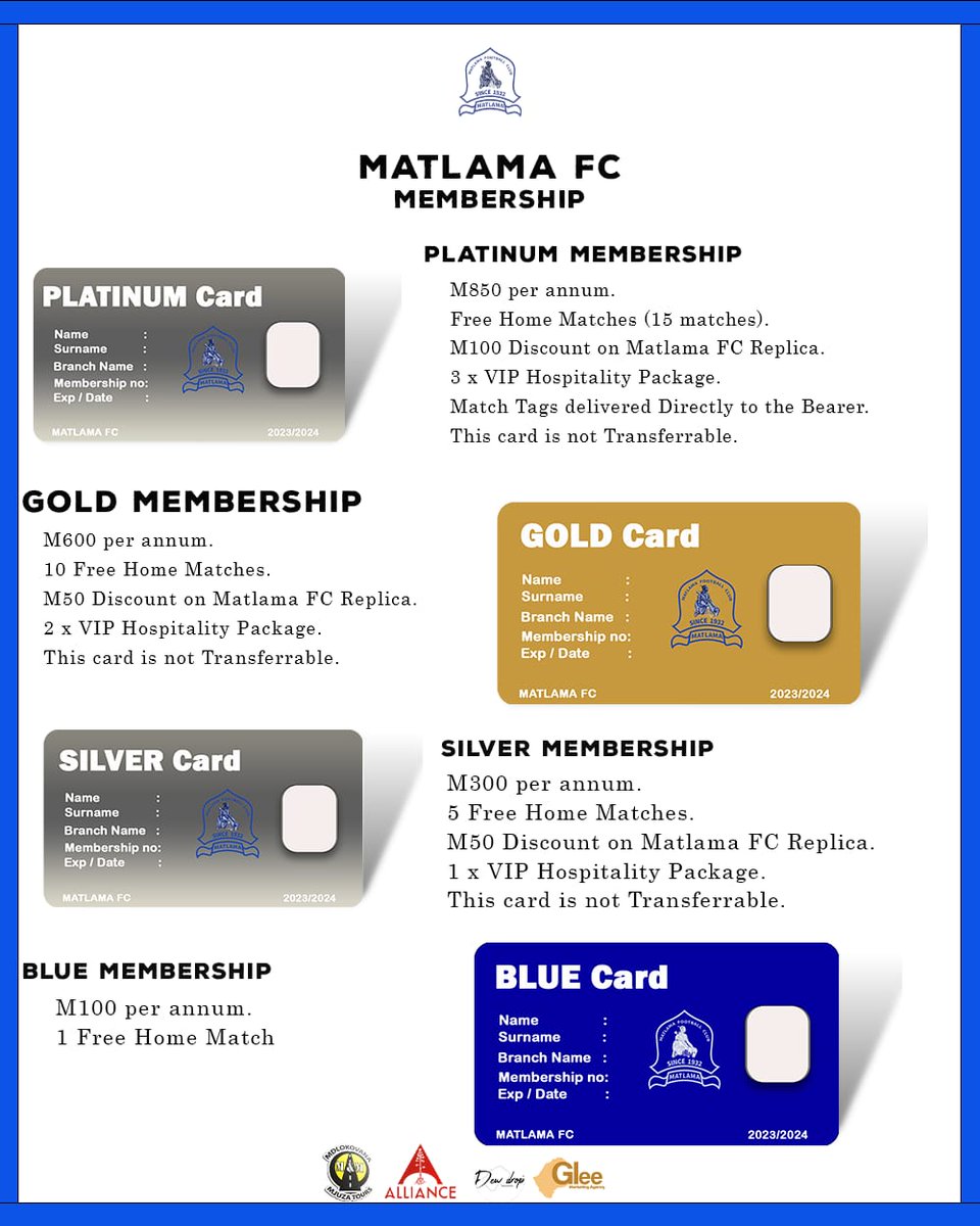 Matlama Football Club membership cards categories. choose the one you like the best.