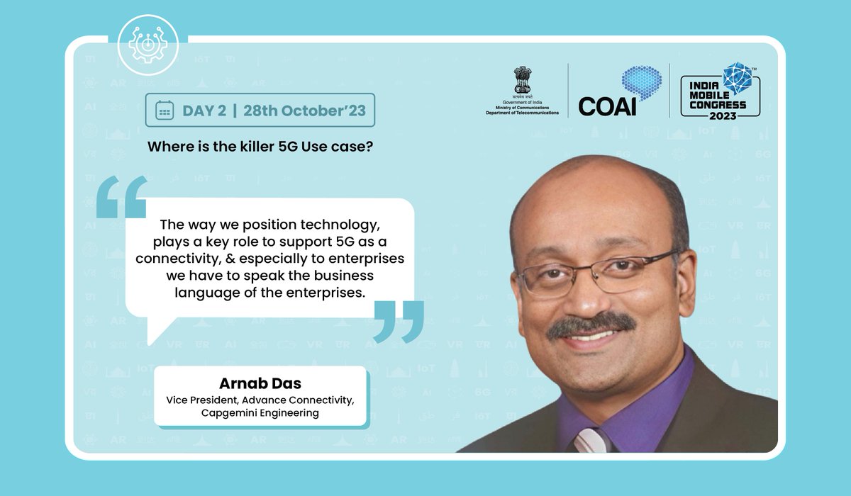 exploreIMC's tweet photo. Arnab Das - Vice President, Advance Connectivity, Capgemini Engineering
Session: Where is the killer 5G Use case? at #IMC2023
#GlobalDigitalInnovation #CapgeminiAtIMC
@ConnectCOAI @DoT_India @Capgemini https://t.co/LBcPyzEpoc