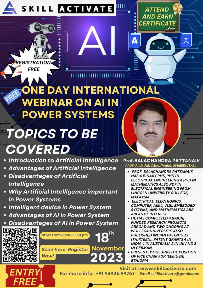 SkillActivate's tweet photo. One day International Online Webinar on AI in Power Systems by Prof. Balachandra Pattanaik
Date: 18 Nov, 2023
Timing: 7:00 PM - 8:30 PM
Registration link:
πππ
https://t.co/b2qPa4DAUN
Further Contact
Hari Chandana,
Skill Activate,
93926 99767
#Bitcoin #skillactivate #Maxwell https://t.co/ZzMTbFvshI