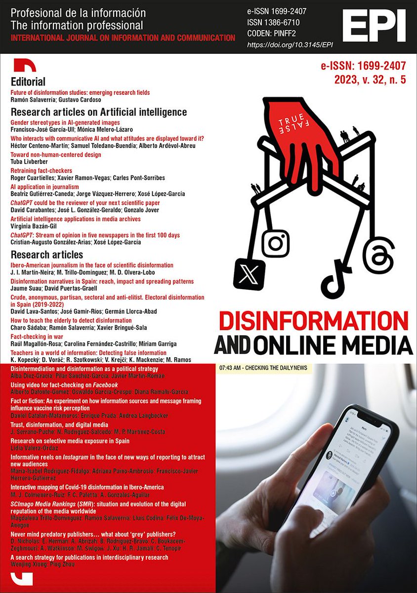 cscolari's tweet photo. Número monográfico de "El Profesional de la Información" (EPI) dedicado a las #AI generativas,  desinformación y medios online. Incluye muchos artículos sobre #ChatGPT Todo #OpenAccess  https://t.co/HXO4mwL4eL https://t.co/eaCUL1N5KJ