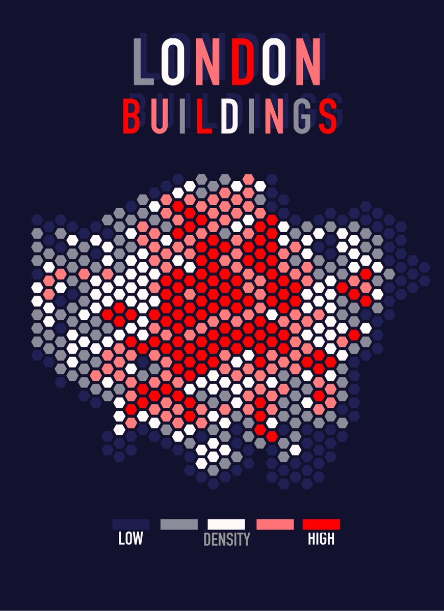 GeospatialJ's tweet photo. Day 9 of #30DayMapChallenge - Hexagons! A patriotic colour choice for building density in #London. Based off OSM data 🇬🇧 https://t.co/WmyocDkPcw