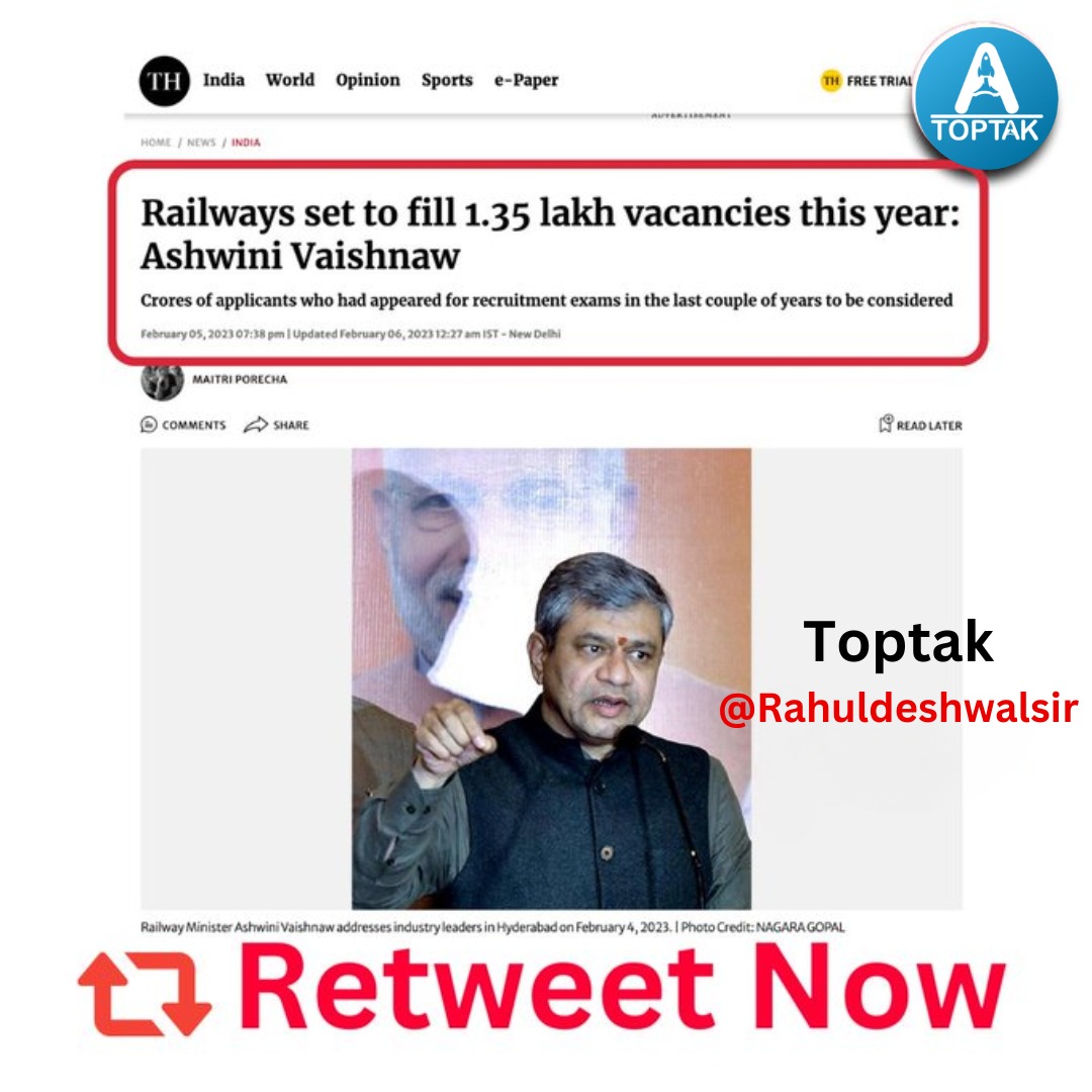 Rahuldeshwalsir's tweet photo. Railways set to fill 1.35 lakh vacancies this year: Ashwini Vaishnaw #Railway_New_Vacancy https://t.co/pujROAkVp6
