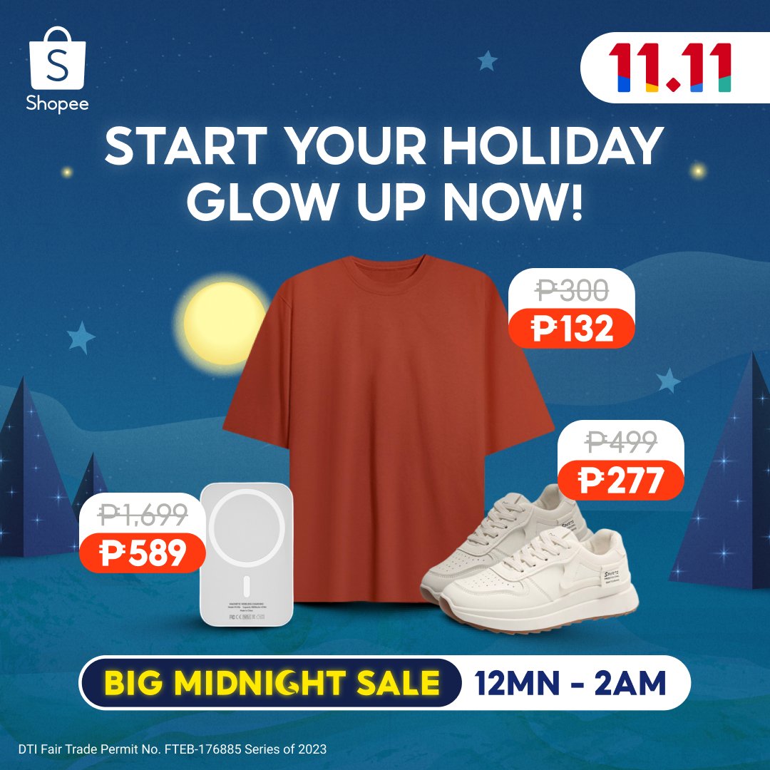 ShopeePH's tweet photo. Holiday GLOW UP ba ang nais, Bestie? We got you 😎

Gawing MEGA ang glow-up reveal niyo at mag-checkout na sa BIG MIDNIGHT SALE ngayong #ShopeeMegaPamaskoSale 🎁 LIKE, RETWEET, &amp; REPLY “MEGA PUYAT NA WITH SHOPEE!” at mag-uwi ng voucher!*

SHOP GANERN: https://t.co/8FHkJoJoYf https://t.co/UjJ4gynAyw