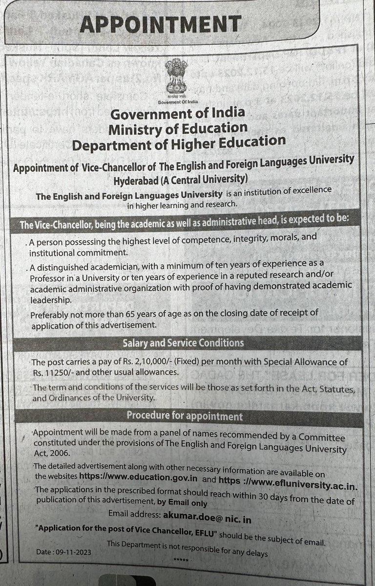 serish's tweet photo. Ad in today’s The Hindu. The government makes a move on English and Foreign Languages University #eflu #Hyderabad https://t.co/Sk0DCP7woD