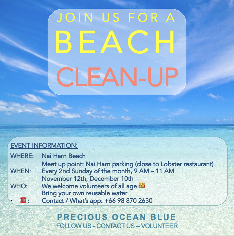🏖️ Join us this Sunday at Nai Harn Phuket beach for another community beach cleanup! 🌊 

🦑🪸🐚🐳🦭🦈🐬🐡🐠🐟🦀🦐🦞 Your presence makes a difference !

🌊🌊 Join us and share the word 🐟🔁

🌍 #CommunityCleanup #Phuket