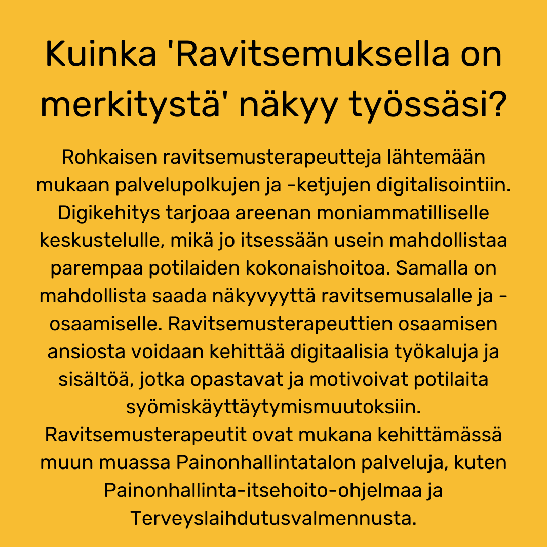 Ravitsemustieteilijöitä  toimii monilla eri sektoreilla: asiakas- ja potilastyössä, tutkimus- ja  kehitystyössä, kuntoutuksen parissa, ruokateollisuudessa,  potilasjärjestöissä ja muissa 3. sektorin toimissa jne. #ravitsemus #ravitsemusviikko #ravitsemustieteilijä