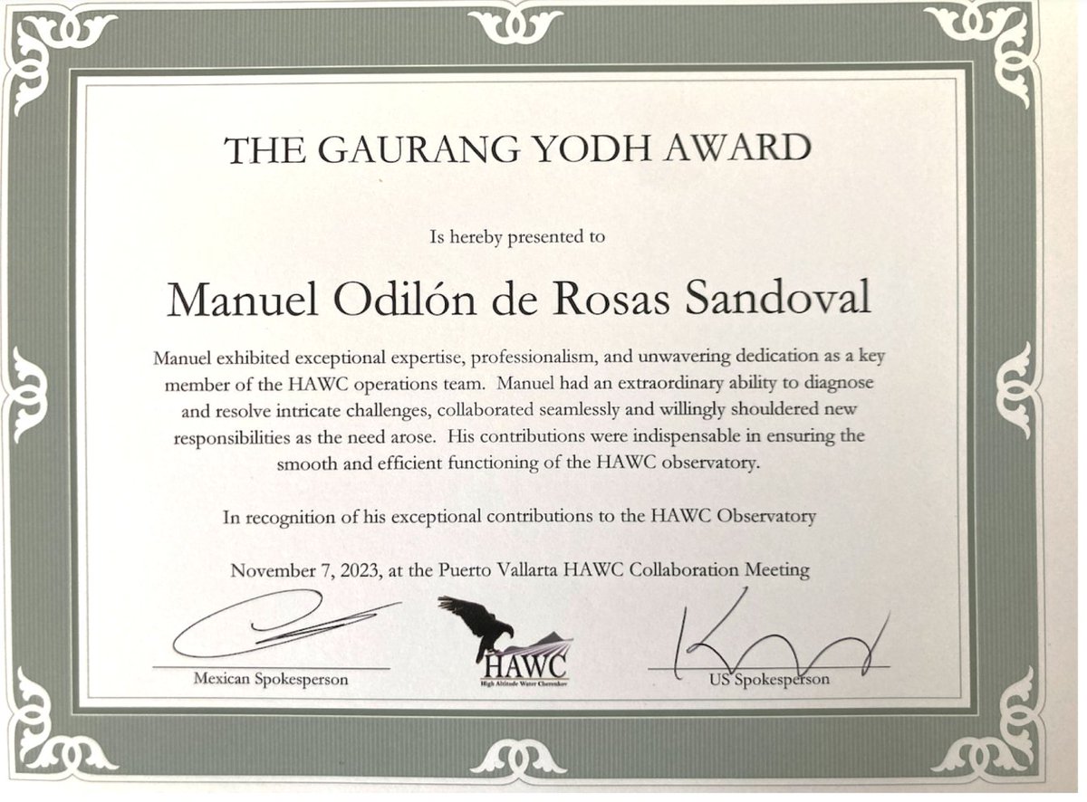 HAWC_Obs's tweet photo. At this Fall HAWC collaboration meeting, the Gaurang Yodh HAWC Award was presented to Manuel Odilón de Rosas Sandoval, in recognition of his exceptional work in the HAWC operation team. Congratulations Manuel Sandoval! https://t.co/mPgt669psC