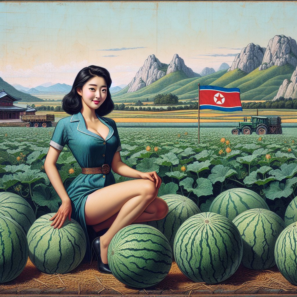 HeatHubNews's tweet photo. #AIArtworks #DALLE3 #painting #NorthKorea #female #farming #asian #propaganda #dprk #Scenery https://t.co/6kLfx51s3T