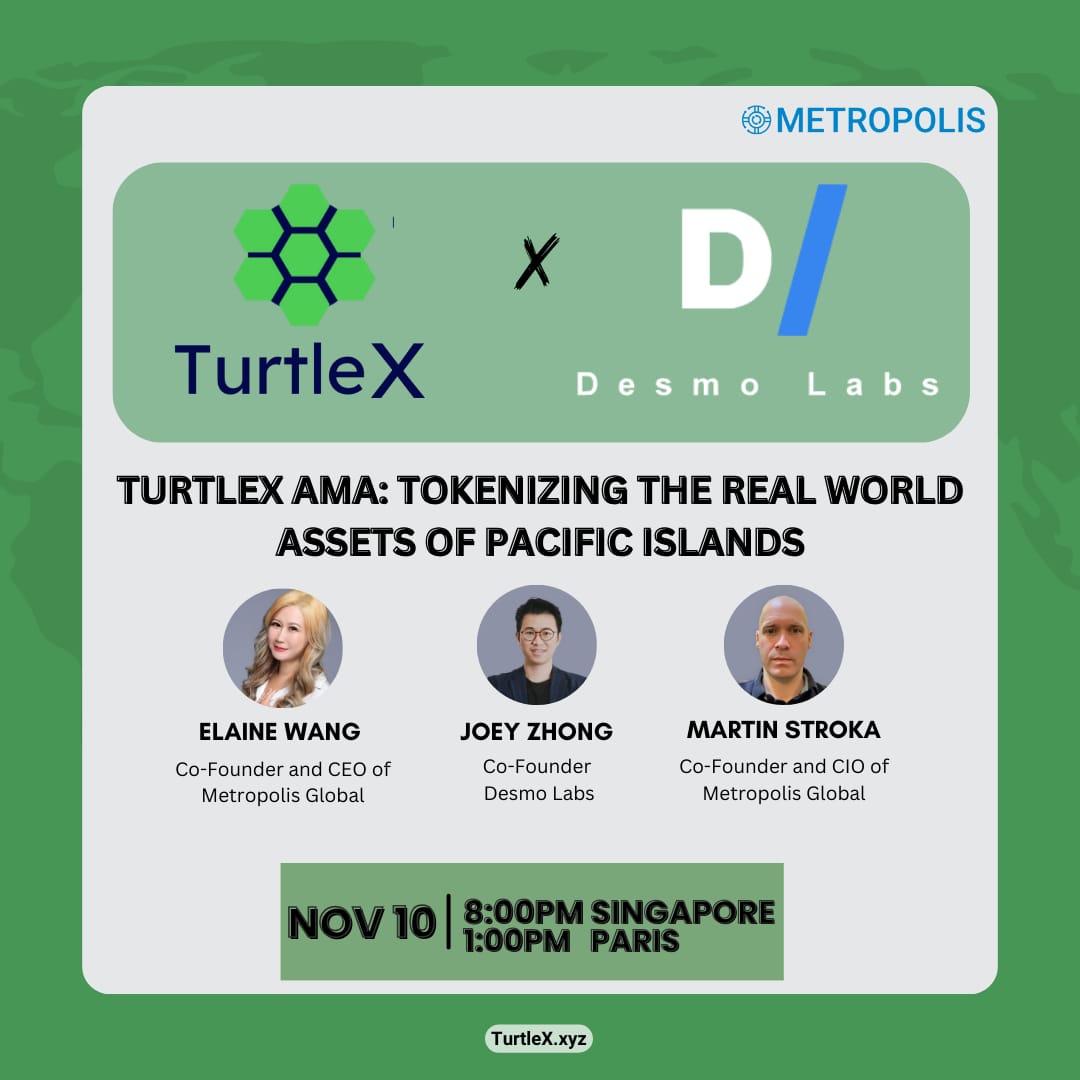 TurtleX_xyz's tweet photo. Join us for an #AMA hosted by our partners @desmolabs

We will discuss tokenising the real-world assets of Pacific islands and the latest developments in TurtleX.

Set your reminder here: https://t.co/jFUm77g3tN

Date: November 10th, 8 PM Singapore Time

Place: @desmolabs https://t.co/eYgEkjzPcw
