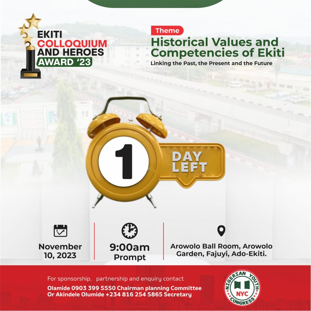 EkitiNYC's tweet photo. The intellectual gathering is 24 hours away.

The only place to be tomorrow is Arowolo Ball Room, Arowolo Garden, Fajuyi, Adó Èkìtì to be a participant at this year Èkìtì Colloquium and Heroes Award.

#EkitiColloquium23 https://t.co/FblqEIghKM