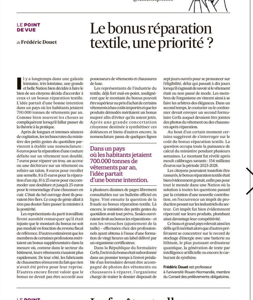 Fiscalitor's tweet photo. À l’heure où le monde flambe, la 🇫🇷 vient de lancer le « Bonus réparation textile ». Les petits hommes gris sont parmi nous… (Point de vue du 7 mats 2023 in @LesEchos) https://t.co/NQWDq0M8f1