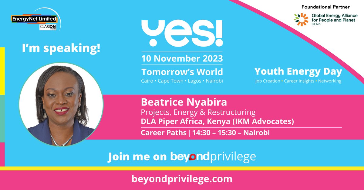 IKMAdvocates's tweet photo. Join Beatrice Nyabira at YES! Youth Energy Day on Nov 10th. If you're a final-year student, recent graduate, or early career pro, this is for you. Explore #energy opportunities worldwide. Live-streamed on #BeyondPrivilege for all of Africa. Register NOW: https://t.co/9rKELCyJ3p https://t.co/gSfCXDx0Zn