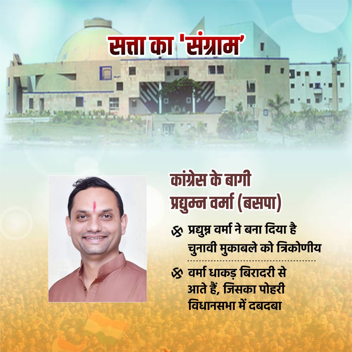 chauthakhamba's tweet photo. पोहरी में प्रद्युम्न वर्मा ने चुनाव को बना दिया है त्रिकोणीय, कांग्रेस से बगावत कर बसपा से उतरे मैदान में
#MPElections2023 #MadhyaPradeshNews #MPElection #MpCongress #MPBoleModiModi #MPNews #MPchunav #ShivrajSinghChouhan #KamalNath #Pohri #kailashkushwah #SureshDhakad https://t.co/O2mKTSZe4R
