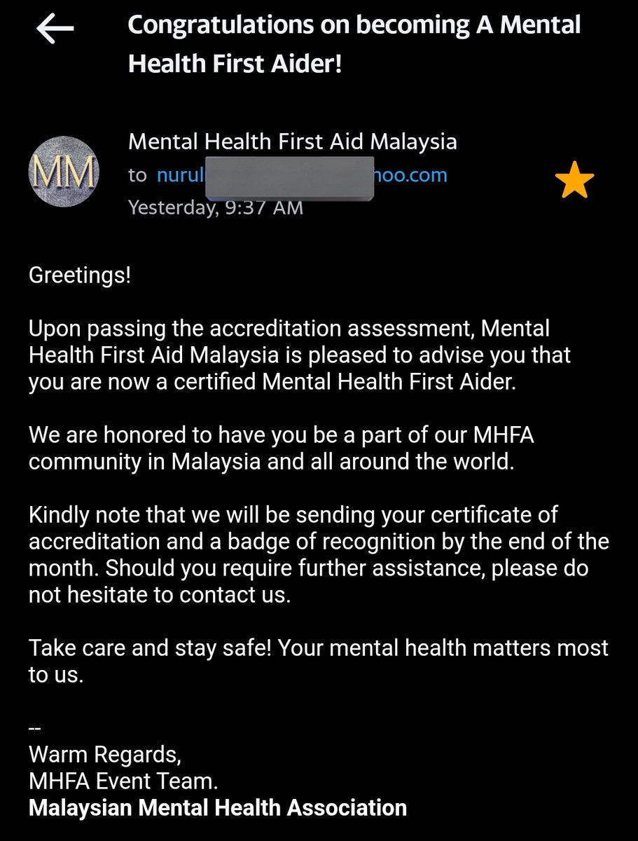 getnurut's tweet photo. Alhamdulillah 🥰

Now I'm a certified Mental Health First Aider.

I pray this will further my understanding of how to manage/help wrt to mental health.

This knowledge will be beneficial for me and will be expanded to my clients 🥰

Bismillahi tawakkaltu alAllah.
#NurutProgress https://t.co/xYCWTscGO8