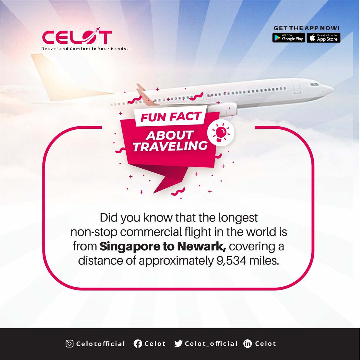 celot_official's tweet photo. Jetsetting Trivia! ✈️
Did you know the longest non-stop flight spans 9,534 miles from Singapore to Newark? 🌍🌏 

#Celot #FlightBooking #CheapFlight #TravelFacts #JetsetterTrivia #WorldRecordFlight #Explore #Countries #Airlines #Thursday #fypシ゚ https://t.co/5WlMHMic1Y