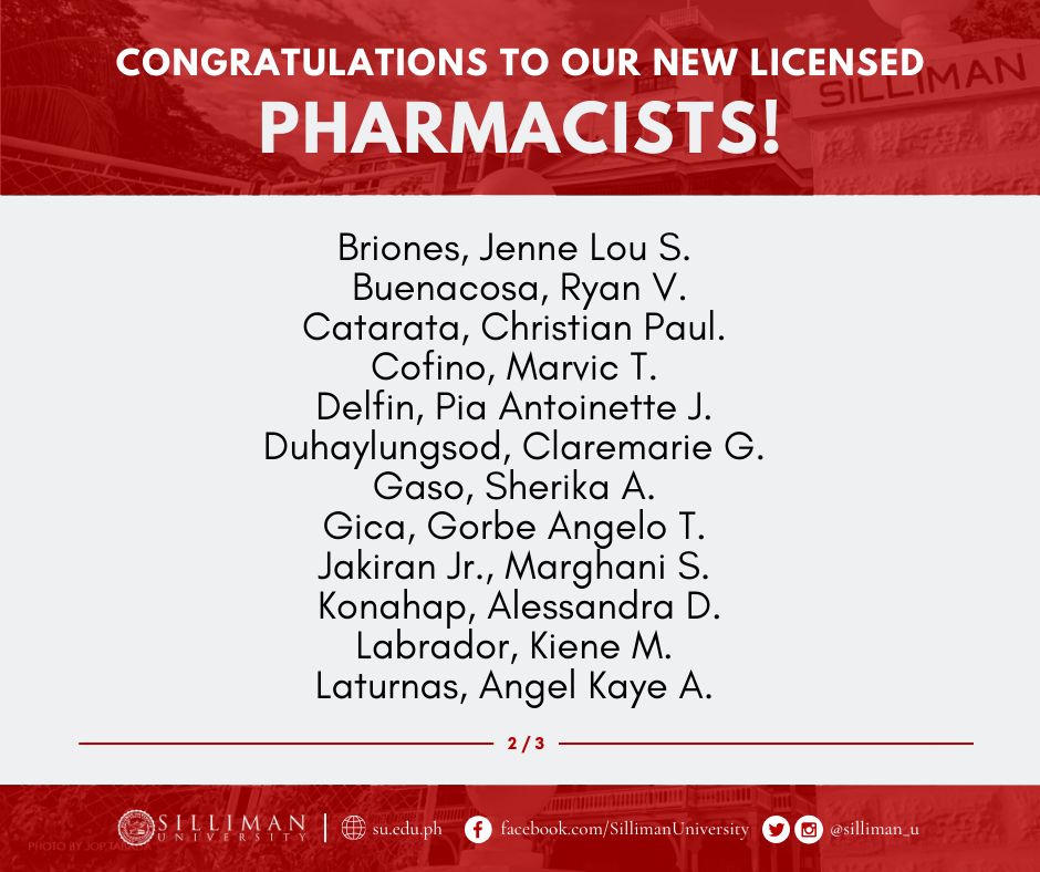 silliman_u's tweet photo. Silliman University (SU) produced 35 licensed pharmacists who passed the November 2023 Pharmacist Licensure Examination. READ: https://t.co/jGWP1QhmvX

Congratulations! https://t.co/SZfFPo8UhW