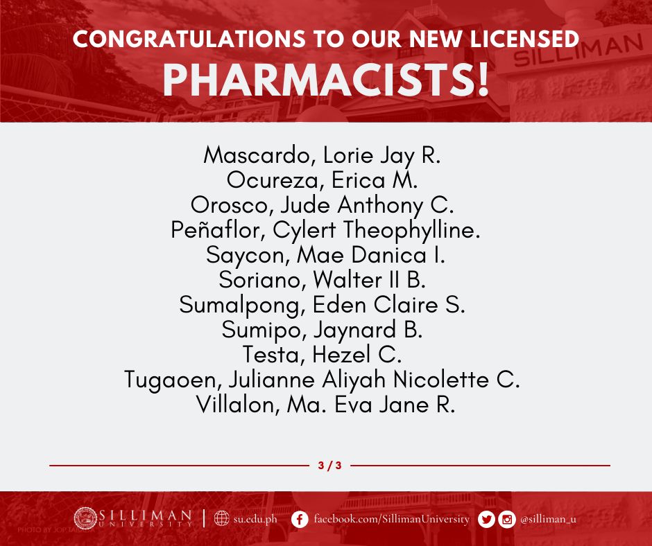 silliman_u's tweet photo. Silliman University (SU) produced 35 licensed pharmacists who passed the November 2023 Pharmacist Licensure Examination. READ: https://t.co/jGWP1QhmvX

Congratulations! https://t.co/SZfFPo8UhW