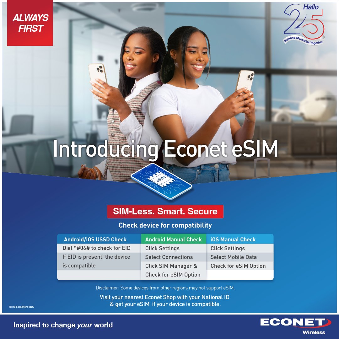 econetzimbabwe's tweet photo. Get your eSIM today😊

Visit your nearest Econet Shop with your National ID and get your
eSim if your device is compatible. https://t.co/nOhHMxZviI