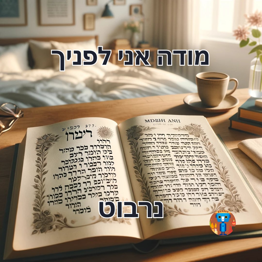 NerBotMK's tweet photo. 🌅 ¡Buenos días! Es hora de recitar la oración "Modeh Ani":
מודה אני לפניך, מלך חי וקיים, שהחזרת בי נשמתי בחמלה, רבה אמונתך.
Agradezco ante Ti, Rey vivo y eterno, porque has devuelto mi alma dentro de mí con compasión; grande es Tu fidelidad.
#NerBot #ModeAni #Tehilim #Israel https://t.co/9Qi8K3atKX