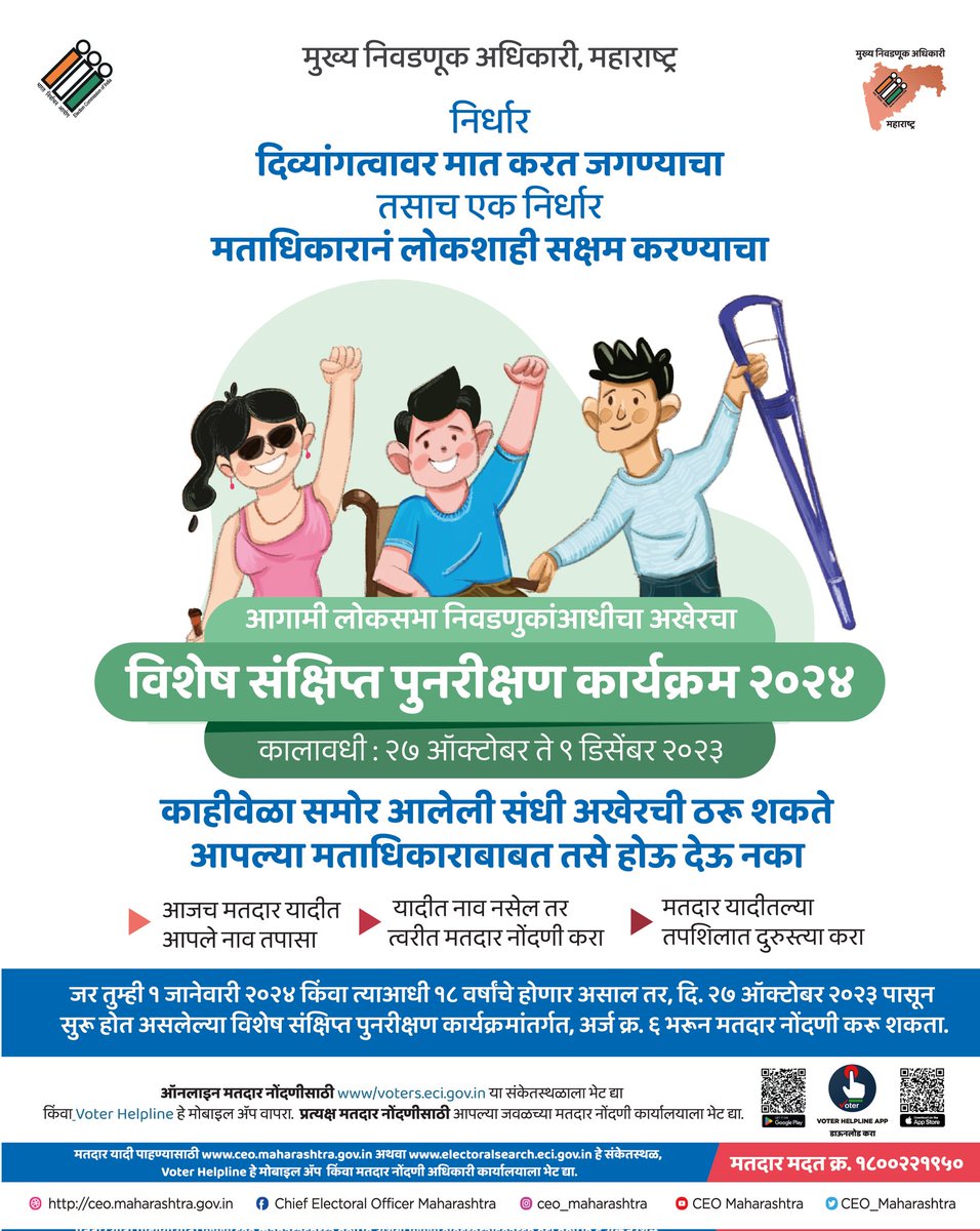 CEO_Maharashtra's tweet photo. #निर्धार
दिव्यांगत्वावर मात करत जगण्याचा 
तसाच एक #निर्धार 
मताधिकारानं #लोकशाही #सक्षम करण्याचा

विशेष संक्षिप्त पुनरीक्षण कार्यक्रम २०२४
कालावधी - ‌२७ ऑक्टोबर ते ०९ डिसेंबर २०२३
#मताधिकार #फरक_पडतो  #itmatters #pwd  #PWDRegistration #novotertobeleftbehind #sveep #SSR2024 (1/2) https://t.co/52whsBioJO