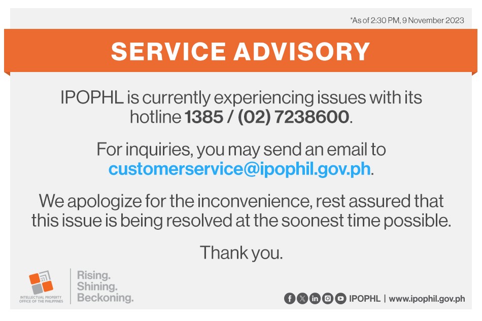 IPOPHL's tweet photo. For inquiries, please email us at customerservice@ipophil.gov.ph.

We apologize for the inconvenience.
#ServiceAdvisory #Trunkline #IPOPHL https://t.co/TSzY8GpoA0
