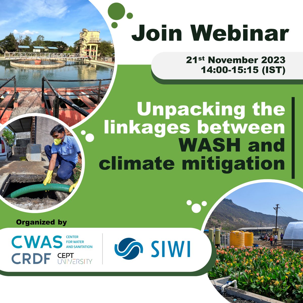 Center for Water and Sanitation (@cept_cwas) on Twitter photo CWAS-<a href="/CeptResearch/">CEPT Research & Development Foundation</a>, <a href="/CEPTUniversity1/">CEPT University</a> in partnership with <a href="/siwi_water/">SIWI</a> is organizing a webinar on "Unpacking linkages between WASH & Climate mitigation".
Date: 21st Nov 2023
Time: 2: 00 pm - 3:15 pm
Register here: shorturl.at/stB37
We look forward to your participation! CWAS-<a href="/CeptResearch/">CEPT Research & Development Foundation</a>, <a href="/CEPTUniversity1/">CEPT University</a> in partnership with <a href="/siwi_water/">SIWI</a> is organizing a webinar on "Unpacking linkages between WASH & Climate mitigation".
Date: 21st Nov 2023
Time: 2: 00 pm - 3:15 pm
Register here: shorturl.at/stB37
We look forward to your participation!