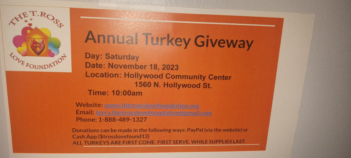 bestn09's tweet photo. If you would like to be a vendor @trosslovefound Annual Turkey Giveaway, please contact Kim at kim.thetrosslovefoundation@gmail.com or call 888-489-1327 https://t.co/OoKeA3yBBT
