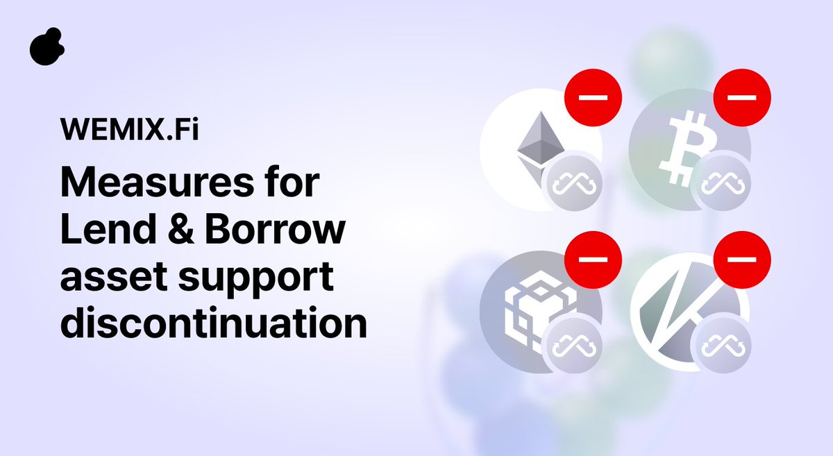 WemixNetwork's tweet photo. ๐จ Important update on the #WEMIXFi Lend & Borrow asset support ๐จ
๐
Starting today at 14:00 (KST), support for wrapped tokens ๐ mETH, mWBTC, mBNB, and mKLA have been concluded.
Havenโt withdrawn yet? No Worries! Weโll have them transferred to your wallets by Nov. 10, 2023.
Click for more details ๐ https://t.co/yC2RcwGjc8