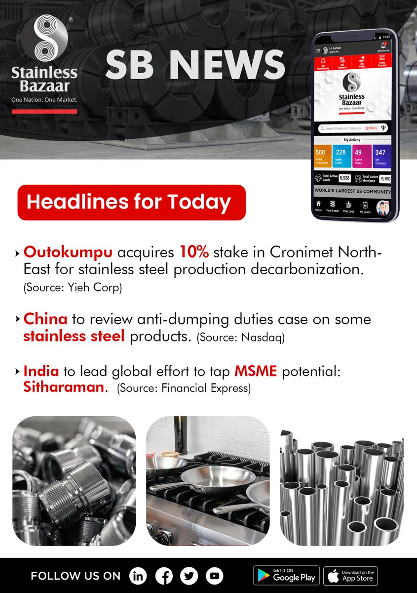 StainlessBazaar's tweet photo. SB News by Stainless Bazaar

1. Outokumpu acquires 10% stake in Cronimet North-East for stainless steel production decarbonization (Source: Yieh Corp)

Read More: https://t.co/Wh42IWqmgz

#SBNews #StainlessBazaar #MSMEs #StainlessSteel #Steel #China #India https://t.co/OnCjwDdGmV
