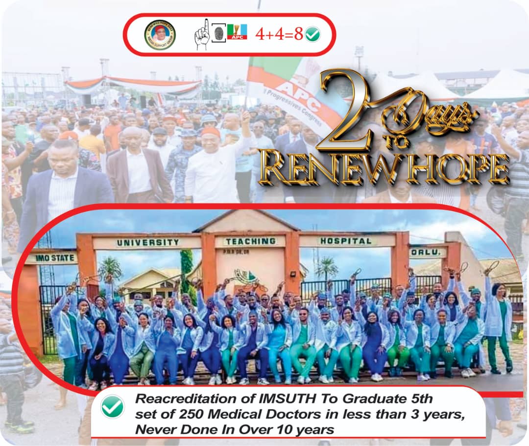 MbaAdol's tweet photo. As we count down to *2 days to RENEW HOPE*
We will *#ReElectHope* For making it possible for IMSUTH to graduate student doctors for the 5th time in the less than 3 years administration, somety that was never done in over 10yrs ✅
4+4✅
Vote wisely✅
#voteAPC✅ https://t.co/yzeo59fIbP