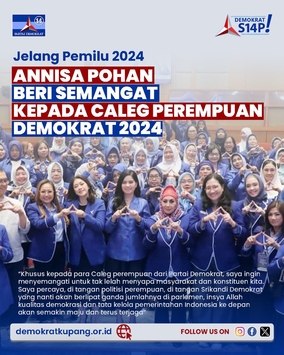 DemokratKupang's tweet photo. Jelang Pemilu 2024, Annisa Pohan beri semangat kepada Caleg Perempuan Demokrat 2024

@PDemokrat
@AgusYudhoyono
@BakomstraPD
@AnnisaPohan
@BennyHarmanID
@EyPullu
@SebastianEdo4
@WinstonRondo1 https://t.co/fw3seyiaZ9