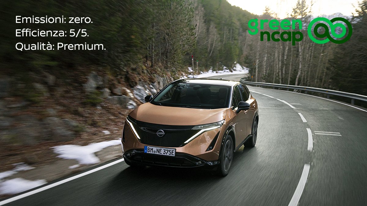 Nissanitalia's tweet photo. A proposito di qualità, lo sapevate che #Nissan #ARIYA ha conquistato 5/5 stelle #GreenNCAP per l'efficienza e l'impatto ambientale? 

@GreenNCAP #WorldQualityDay #NissanARIYA https://t.co/pjIw5lQECV