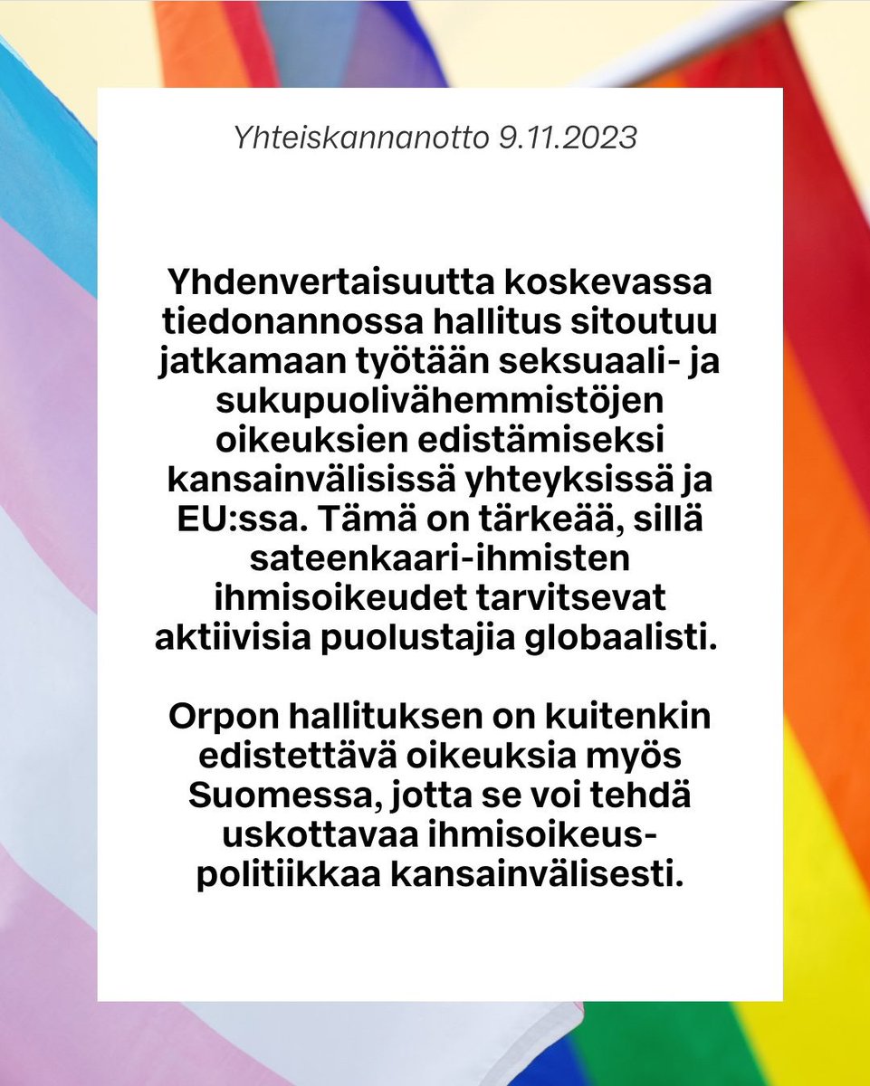 ISIhmisoikeudet's tweet photo. Yhteiskannanotossa 14 järjestöä vaatii, että sateenkaari-ihmisten oikeuksia on edistettävä konkreettisilla toimilla. Tämä tarkoittaa mm. lainsäädännöllisiä toimia intersukupuolisten lasten koskemattomuuden turvaamiseksi. #ihmisoikeudet #perusoikeudet https://t.co/UplQpSLYVV