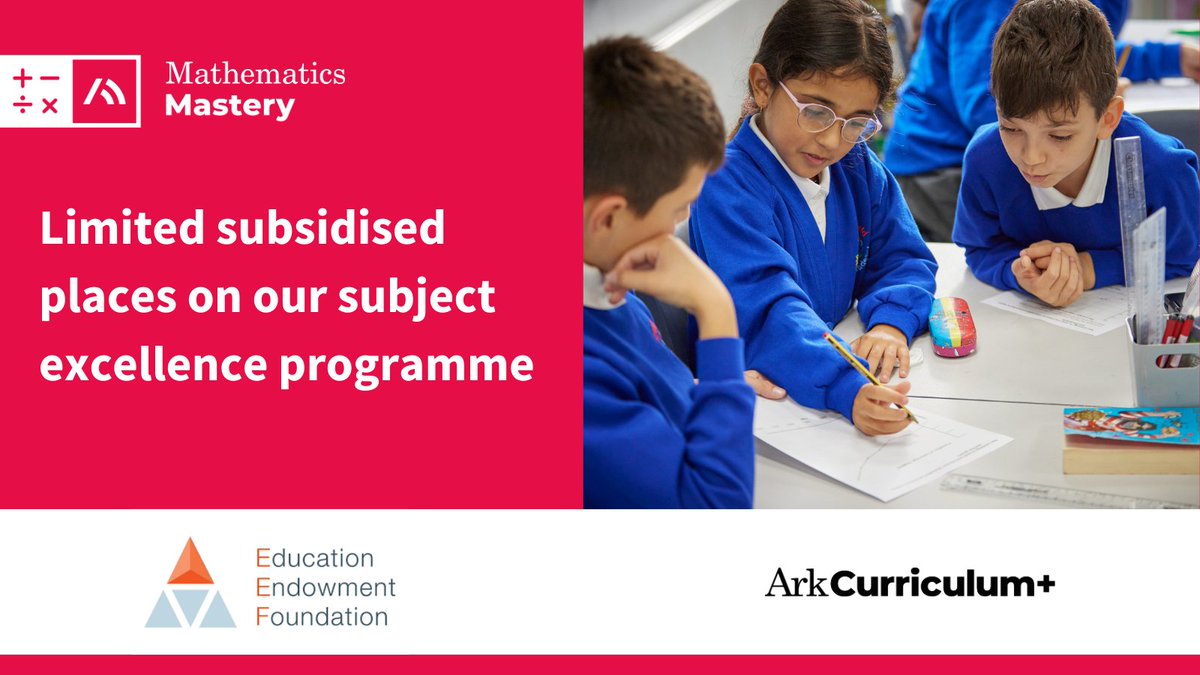 ArkCurriculum's tweet image. Great news! Thanks to the @EducEndowFoundn, more primary schools can join @MathsMastery at a subsidised rate. EEF research showed pupils made two months’ additional progress on the programme. Learn more: bit.ly/3G9YPKg

#primarymaths #pupilprogress #pupilattainment