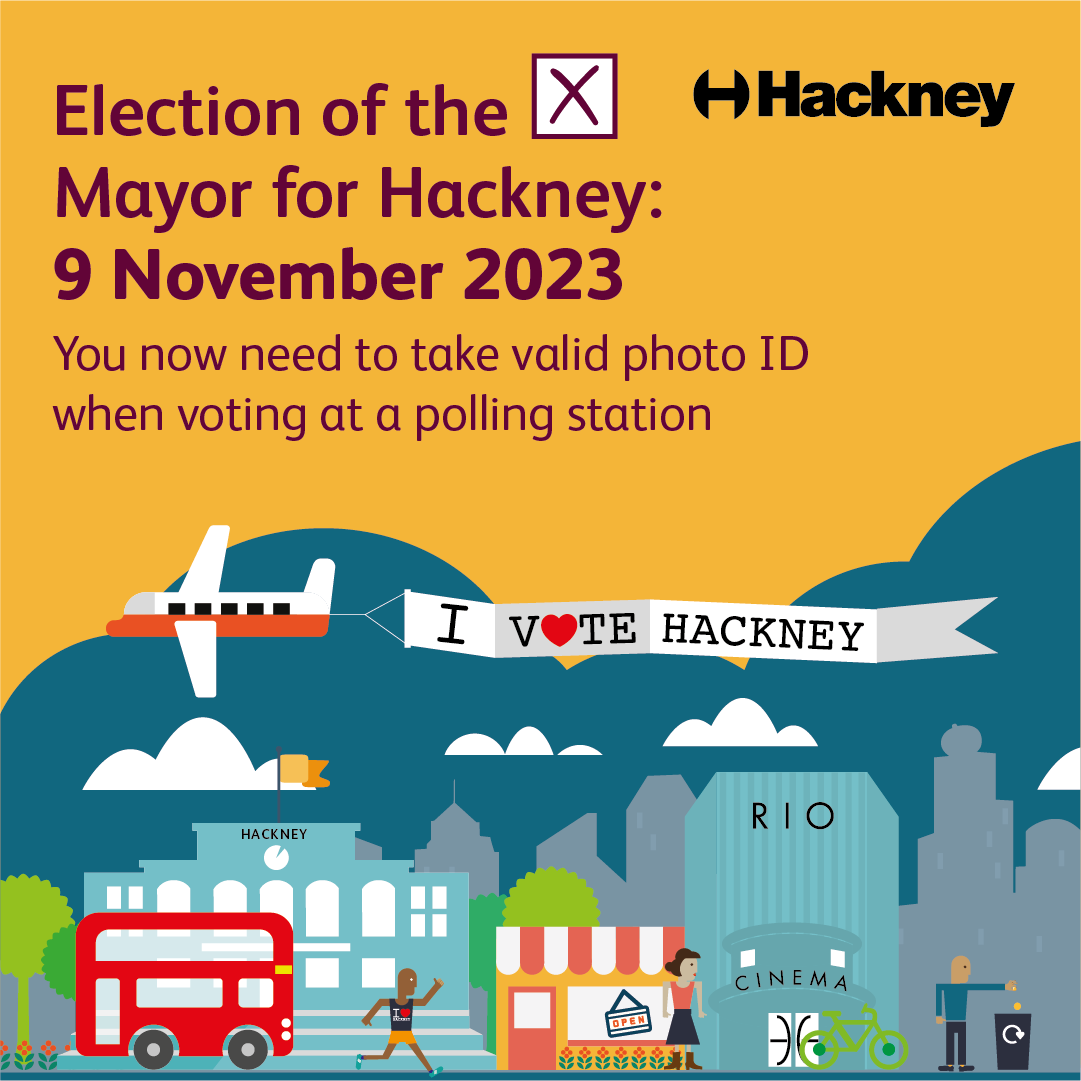 hackneycouncil's tweet photo. 🗳️ It’s election day &amp; time to vote for your new Hackney mayor 

🕙 Polling stations are open until 10pm 

🆔  Have your ID ready to show staff 
👥 Wear a face covering? We’ll have to check who you are behind privacy screens 

Voting guide: https://t.co/6LWGqMXh2E https://t.co/dQMH1cPVYU