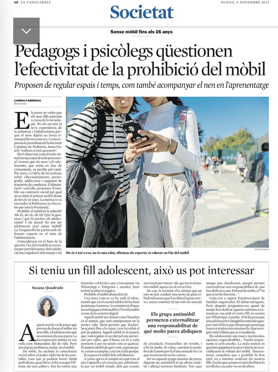 No podria estar més d'acord. 
Els adolescents necessiten ser mirats i escoltats.
No ens hem cansat de dir-ho amb <a href="/evabachbcn/">Eva Bach</a> d'ençà del treball de camp x  #maresiparesinfluencers .
Com els mirem?
Com els escoltem?
Com els dediquem TEMPS?
Gran <a href="/squadrado/">Susana Quadrado</a>  <a href="/LaVanguardiaCAT/">LaVanguardia.cat</a> 👇