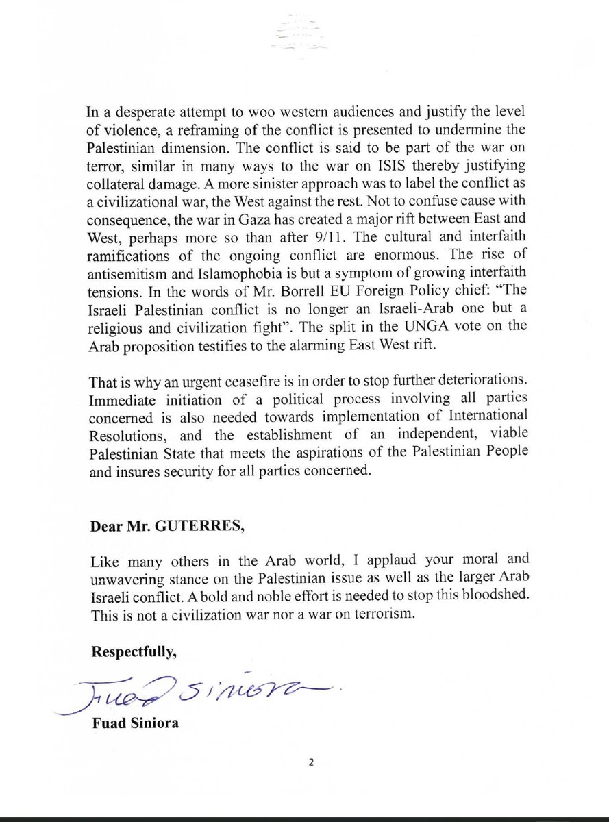 SinioraFuad's tweet photo. My letter to @antonioguterres thanking him for his moral stance and calling for an urgent ceasefire while warning against attempts to label the conflict in manners to justify the violence. https://t.co/3Na2PmfkA7
