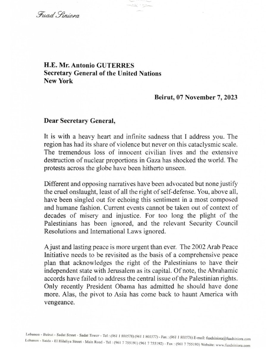 SinioraFuad's tweet photo. My letter to @antonioguterres thanking him for his moral stance and calling for an urgent ceasefire while warning against attempts to label the conflict in manners to justify the violence. https://t.co/3Na2PmfkA7