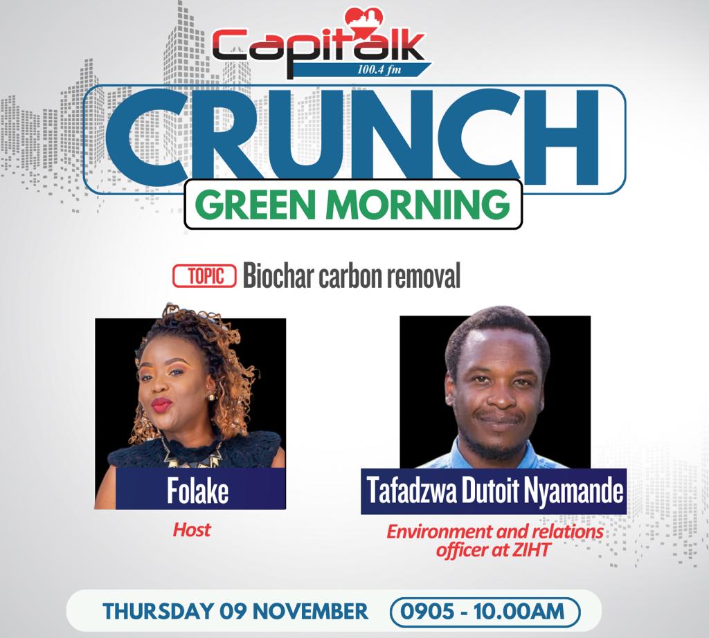 capitalkfm's tweet photo. #greenmorning
Today on Green Morning, @folakesaije is joined by Tafadzwa Dutoit Nyamande an Environment & Relations officer at Zimbabwe Industrial Hemp Trust to talk about Biochar carbon removal, its benefits and use.
#CapitalCrunch #HararesHeartBeat #keepit100point4fm https://t.co/cYDrj3mSyQ