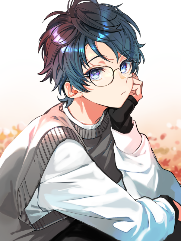 1boy male focus glasses solo blue eyes looking at viewer long sleeves  illustration images