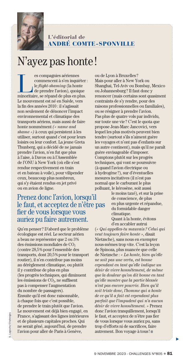 InstitutDiderot's tweet photo. |PRESSE| ✍🏻
✅ Faut-il arrêter de prendre l’#avion❓En avoir honte❓
✅ #FlightShaming ✈️
✅ 🛫N’ayez pas honte‼️
✅ Dans @Challenges, l’éditorial de André #ComteSponville. https://t.co/xd2ECspaRz
