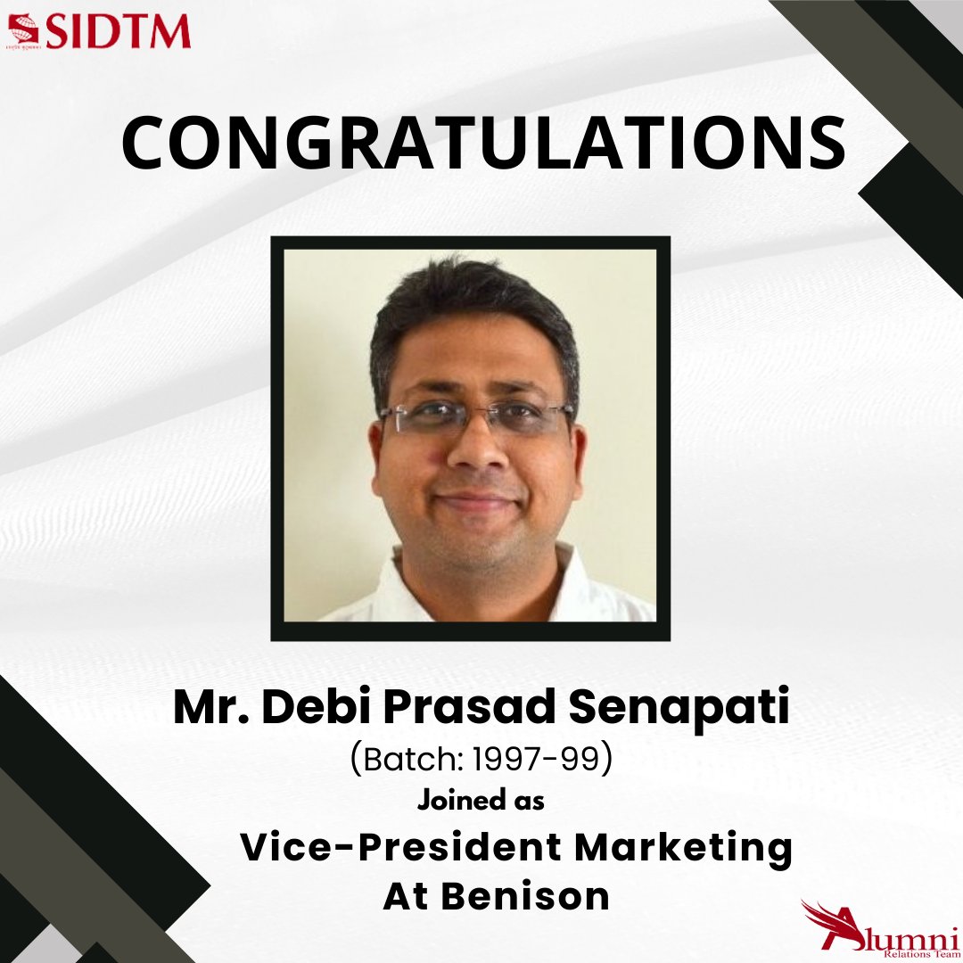 SIDTMAlumni's tweet photo. Congratulations to Mr. Debi Prasad Senapati, an accomplished #marketing leader,and proud #SIDTM Alumni of batch 1997-1999, for joining Benison as VP of Marketing. His journey is an inspiration to all. Wishing him continued success in this exciting chapter!
#CareerSuccess #Benison https://t.co/fCJcpTVxqZ