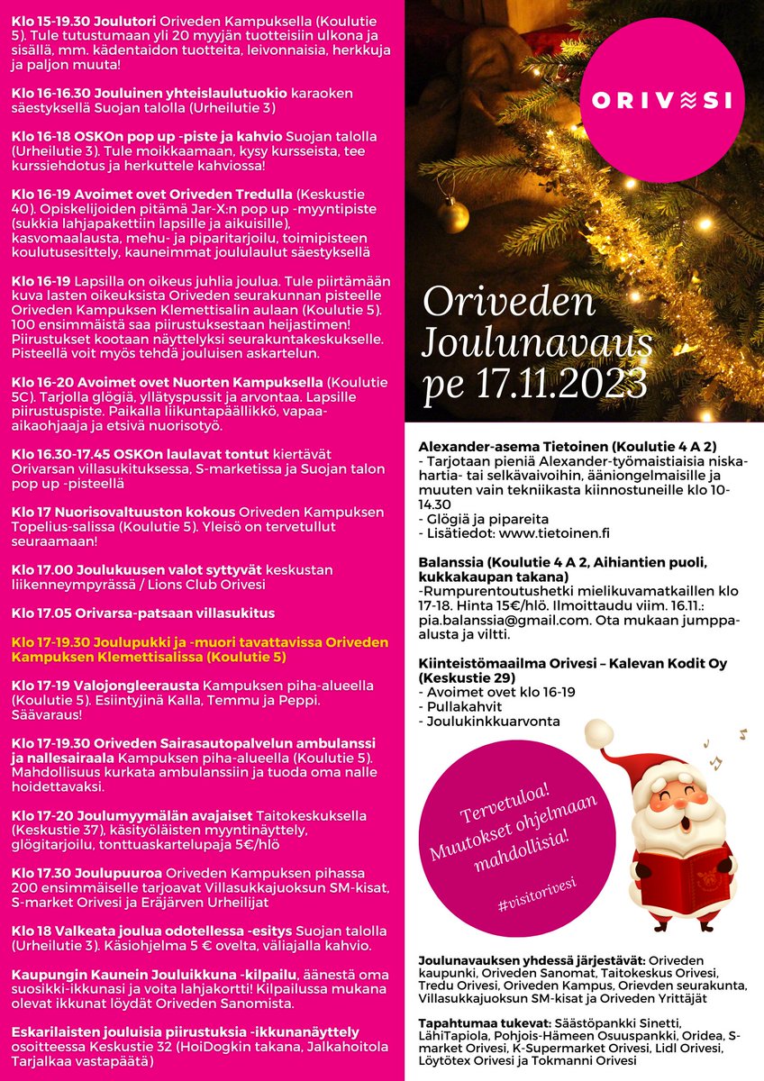 🤶 Perinteinen Joulunavaus pe 17.11. tuo runsaasti ohjelmaa kaikenikäisille ympäri keskustaa ❤️ Orivesi säkenöi jälleen satumaista joulutunnelmaa ✨🧦🎶🎁 🎄 Lämpimästi tervetuloa!

Muutokset ohjelmaan ovat mahdollisia. Tapahtuma verkkosivuillamme: orivesi.fi/tapahtumakalen…
