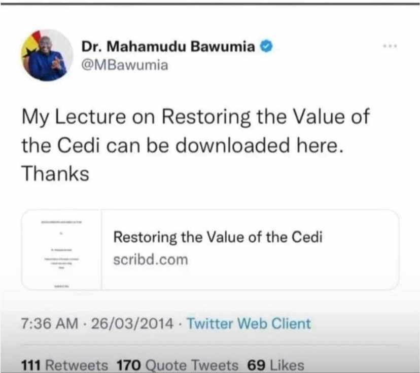 What happened to restoring the value of the Cedi? Bawumia thought he was the brightest Economist ever. With avalanche of false theories to rebuild the economy he conspired with Nana Addo to hoodwink Ghanaians with sweet-laced promises for power. Bawumia is not fit for President.
