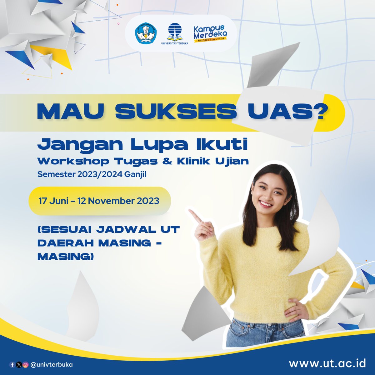 UnivTerbuka's tweet photo. Halo Sahabat UT, mau sukses dlm tugas &amp; sukses UAS? Yuk ikuti Workshop Tugas &amp; Klinik Ujian smtr 2023/24 Ganjil yg telah memasuki minggu terakhir

Jadwal detailnya hubungi UT Daerah masing-masing 
https://t.co/dzUJJkOZEb

#UniversitasTerbuka #InfoUT #WorkshopTugas #KlinikUjian https://t.co/72cuWtIEqW