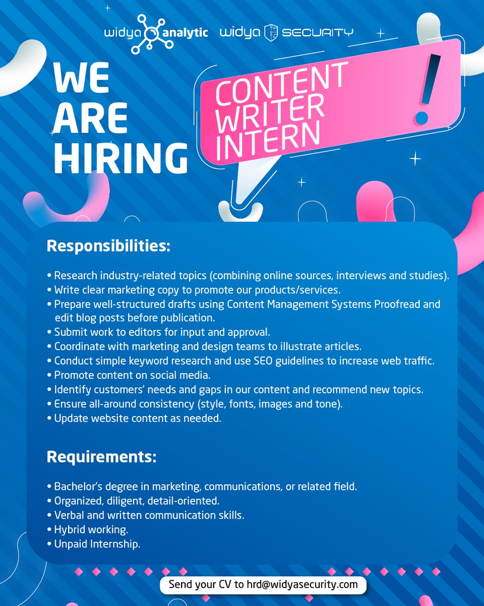 widyasecurity's tweet photo. 🚨 URGENTLY NEEDED🚨

Widya Security membuka kesempatan magang WFO (on site Yogyakarta) untuk beberapa posisi:

1. Marketing Officer
2. Content Writer

Informasi syarat dan ketentuan lebih detail terdapat pada poster💫

Kirim CV dan Portfolio* melalui email hrd@widyasecurity.com https://t.co/3SPZbAJNz8