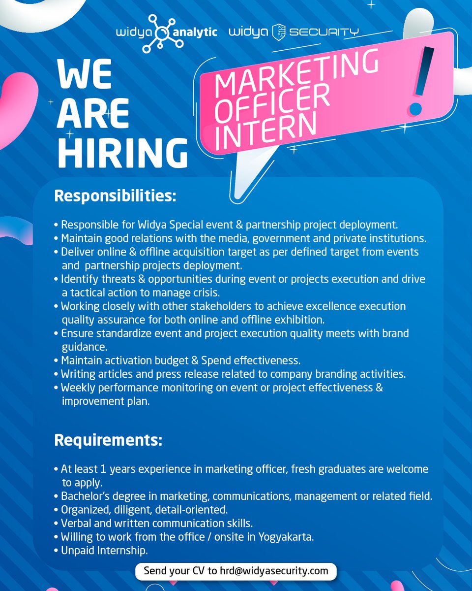 widyasecurity's tweet photo. 🚨 URGENTLY NEEDED🚨

Widya Security membuka kesempatan magang WFO (on site Yogyakarta) untuk beberapa posisi:

1. Marketing Officer
2. Content Writer

Informasi syarat dan ketentuan lebih detail terdapat pada poster💫

Kirim CV dan Portfolio* melalui email hrd@widyasecurity.com https://t.co/3SPZbAJNz8