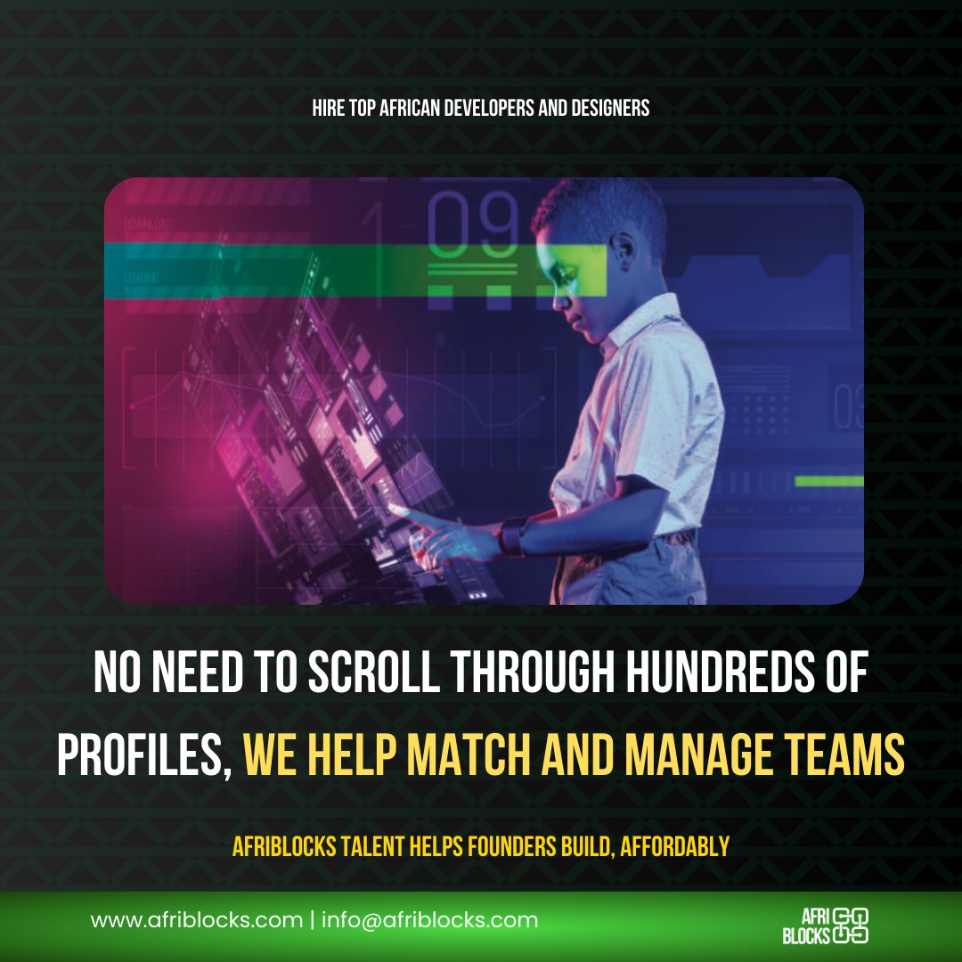 afriblocks's tweet photo. Struggling to find the perfect match for your design and development teams?
The AfriBlocks Workstation specializes in seamless #TeamMatching and management. Let us help bring your projects to life.
Post a Job: https://t.co/eEbEX4zP5u
#Teamwork #AfriBlocks https://t.co/Btfkt0AlqK